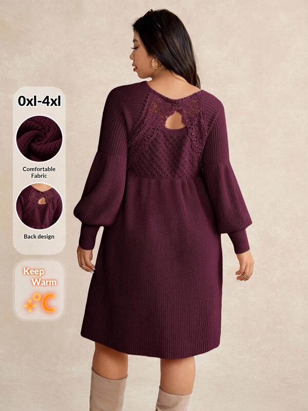 Elaquor Plus Size Casual Elegant Lace Patchwork Waist A-Line Sweater Dress