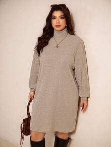 Elaquor Đầm suông rộng tay dài cổ cao trễ vai màu trơn cỡ lớn cho nữ, mùa thu - Màu Khaki - Xem 7