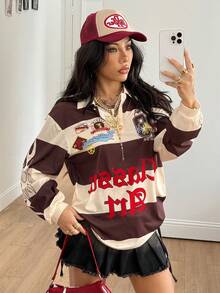 Coolane Women's Summer Going Out Streetwear Y2K Striped Graphics Sport Loose Long Sleeve Polo T-Shirt, Christmas - Brown - View 3