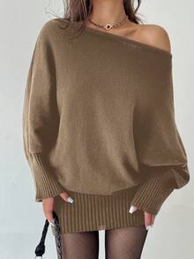 Aloruh Y2K 风格百搭不对称肩长袖修身腰身毛衣裙，休闲/通勤，秋冬复古美式美学 - 卡其色 - 查看 3