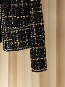 Franclia 大码优雅蝴蝶结长袖上衣和半裙两件套，秋冬正式黑色半裙套装，裙装套装，粗花呢西装半裙套装，连衣裙套装，格子图案