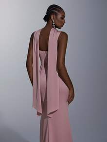 Elitara Elegant, Romantic, Fashionable, Gray-Pink, Satin, Spaghetti Strap, Draped, Pleated Decor, Fishtail Hem, Trailing, Influencer, Holiday, Vacation, Birthday Party, Wedding Event, Bridesmaid Dress - Pink - View 4