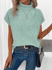 EMERY ROSE Women's Solid Color Turtleneck Casual Short Sleeve Knit Top, Autumn/Winter - Mint Green - View 6