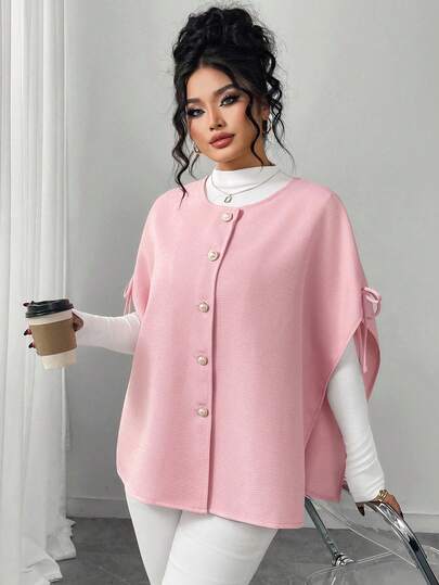  Chaqueta elegante con diseño de capa de manga de mariposa de unicolor para mujer de talla grande Elenzga