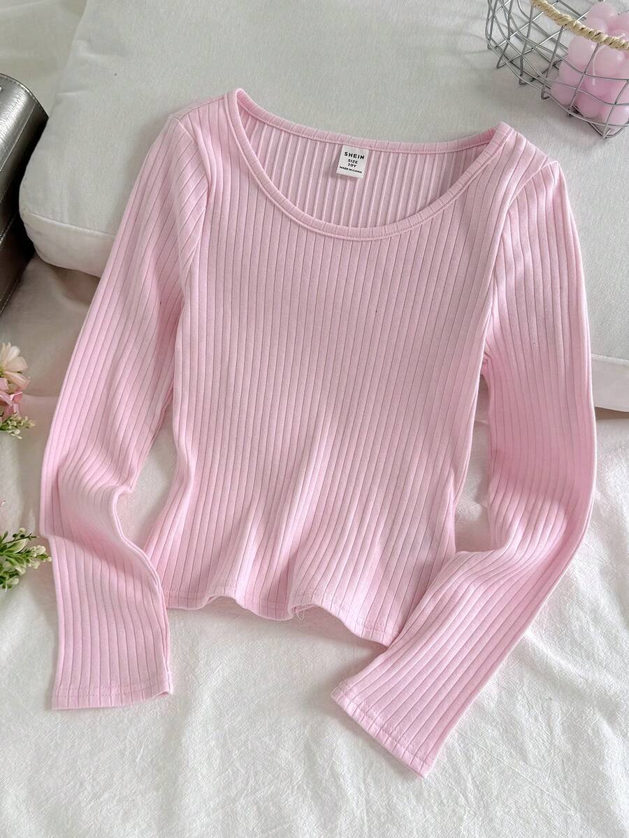 Tween flickors ribbad rund halsringning, elastisk figursydd t-shirt med lång ärm, bekväm för alla matchande tillfällen - Rosa - Visa 1