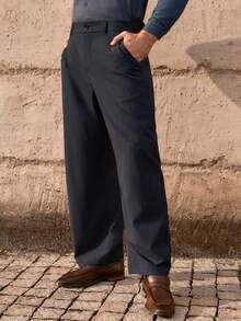 Mainfolk Men's Solid Color Straight Leg Loose Casual Pants - Navy Blue - View 4
