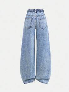 Girlism Teen Girl Pink, Black Bow, Graffiti Pattern Blue Denim Loose Fit Pants,Fall Clothes,Winter Clothing ,Casual And Fashionable Vacation Outfits,2000s Style ,Halloween Denim Jeans ,Christmas - Light Wash - View 3