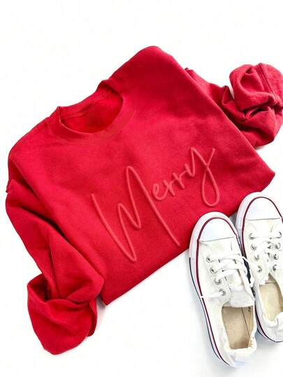 SHEIN LUNE Embossed "Merry Christmas" Letter Sweatshirt, Solid Color Crew Neck Pullover, Long Sleeve Top For Graduation, Back To School, Women Teachers, Autumn/Winter Holiday Family Sweatshirt Custom Gift