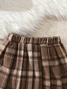 Elladie kids 2pcs/Set Tween Girl Autumn/Winter 2025 Outfit, Round Neck Fabric Open Front Faux Pocket Decor Jacket, Plaid Pleated Mini Skirt, Collegiate Style Minimalist Elegant Vintage Suit - Multicolor - View 8