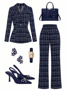 Ellevyn 女士优雅格子翻领长袖夹克和裤子套装，优雅适合派对和晚装，秋冬秋季女装办公室服装 - 藏蓝色 - 查看 1