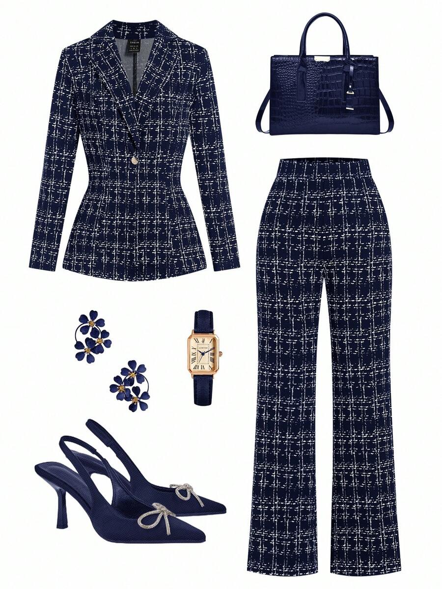 Ellevyn 女士优雅格子翻领长袖夹克和裤子套装，优雅适合派对和晚装，秋冬秋季女装办公室服装 - 藏蓝色 - 查看 1