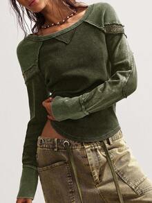 Bohemela Women's Casual Solid Color Knit Crew Neck Long Sleeve T-Shirt Matcha Centella Olive Green - Army Green - View 6