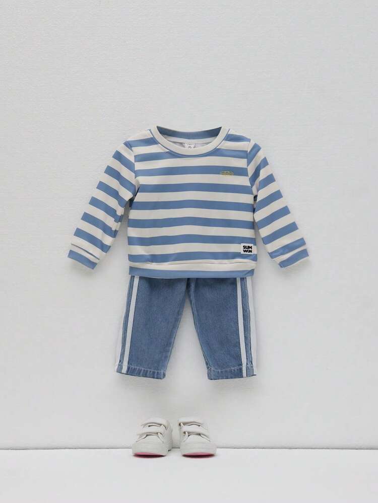 Stripe Sweatshirt And Denim Pants Set