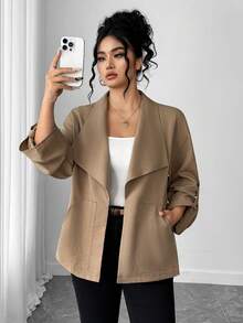 SHEIN PETITE CURVE Plus Size Women Versatile Fashion Casual Commute Wear Jacket, Simple Solid Color High-End Outerwear, Suitable For Autumn/Winter - Brown - View 4
