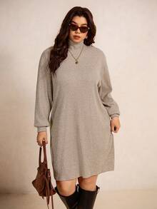 Elaquor Đầm suông rộng tay dài cổ cao trễ vai màu trơn cỡ lớn cho nữ, mùa thu - Màu Khaki - Xem 5