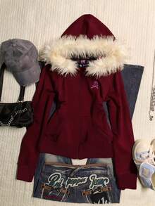 StreetHx 女式修身连帽运动衫夹克，人造毛领，数码印花 - 酒紅色 - 查看 1