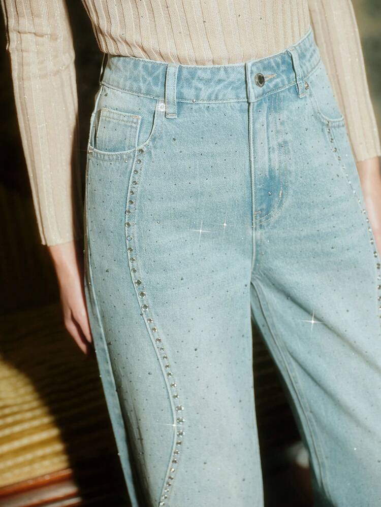 Women's Casual Fashion Street Rhinestone Embellished Loose Straight Leg Jeans
