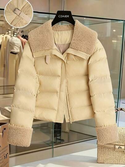 SHEIN Franclia Women's Autumn/Winter Lapel Patchwork Faux Shearling Warm Fitted Short Puffer Jacket