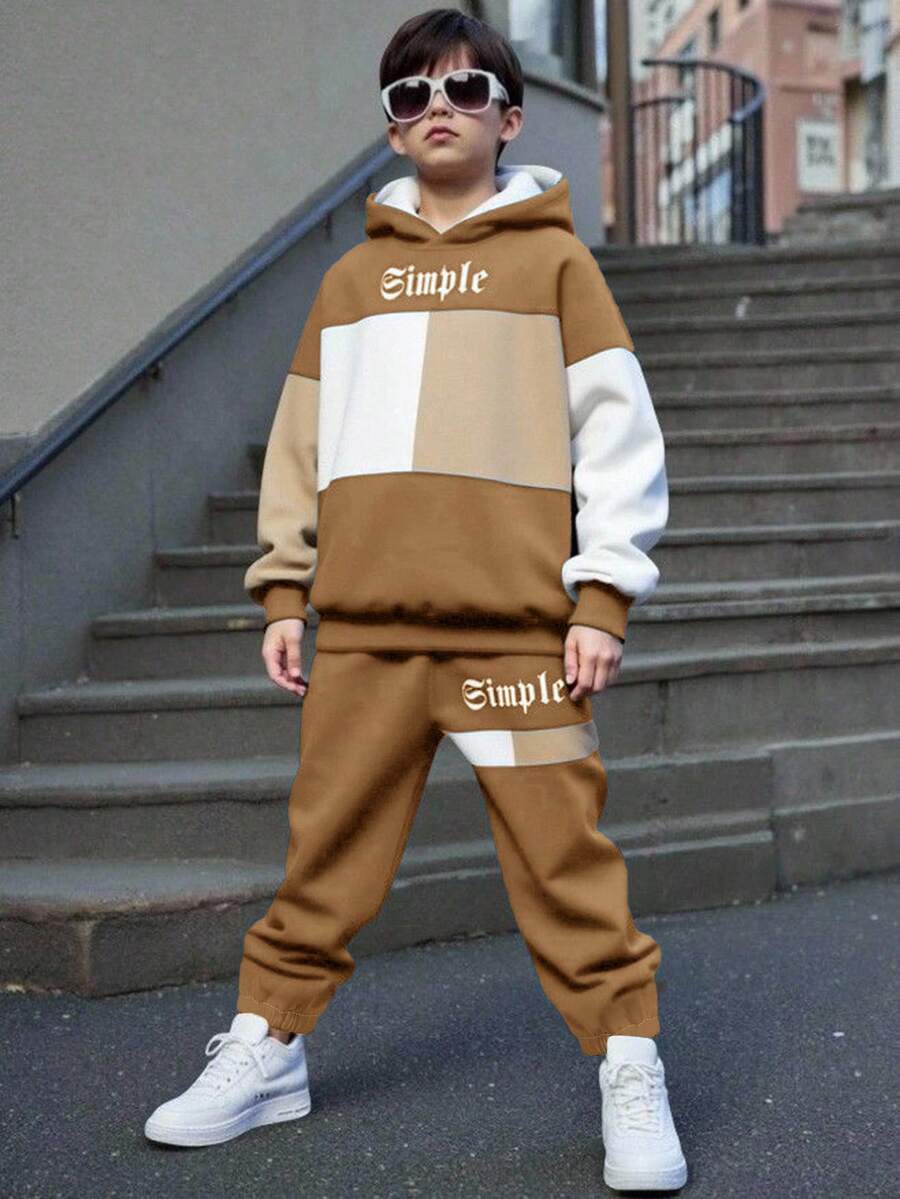 2 件套青少年男孩休闲简约蓝色长袖连帽衫套装,秋冬舒适 - 彩色 - 查看 1