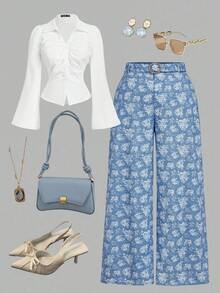 SHEIN MOD Plus Size Women Floral Print Loose Straight Leg Pants Floral Print Jeans. Wide Leg Jeans Pants For Autumn/Winter Flower Pants.Palace Print Straight Pants, Casual Date Wear, Sister Party Wear, Spring And Autumn Wear