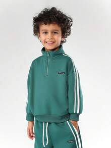 SUMWON Boys Hoodie Sweatshirt Co-Ord Set Without Drawstring Hood And Side Stripe Details Casual Comfort Wear Vacation - Dark Green - View 3
