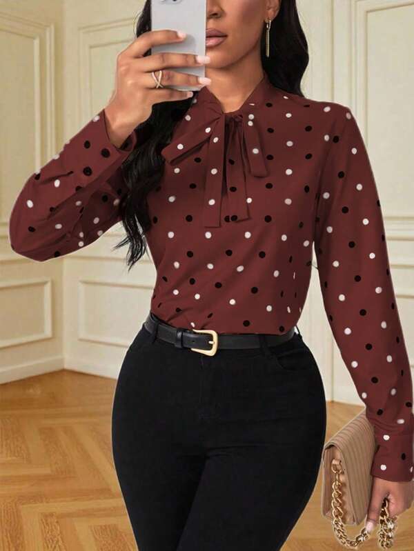 EMERY ROSE Polka Dot Tie Neck Blouse, Christmas