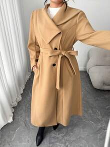 Elenzga Plus Size Women's Solid Color Special Lapel Belt Waist Pocket Long Woolen Coat, Elegant For Outings And Commuting, Autumn/Winter - Brown - View 3