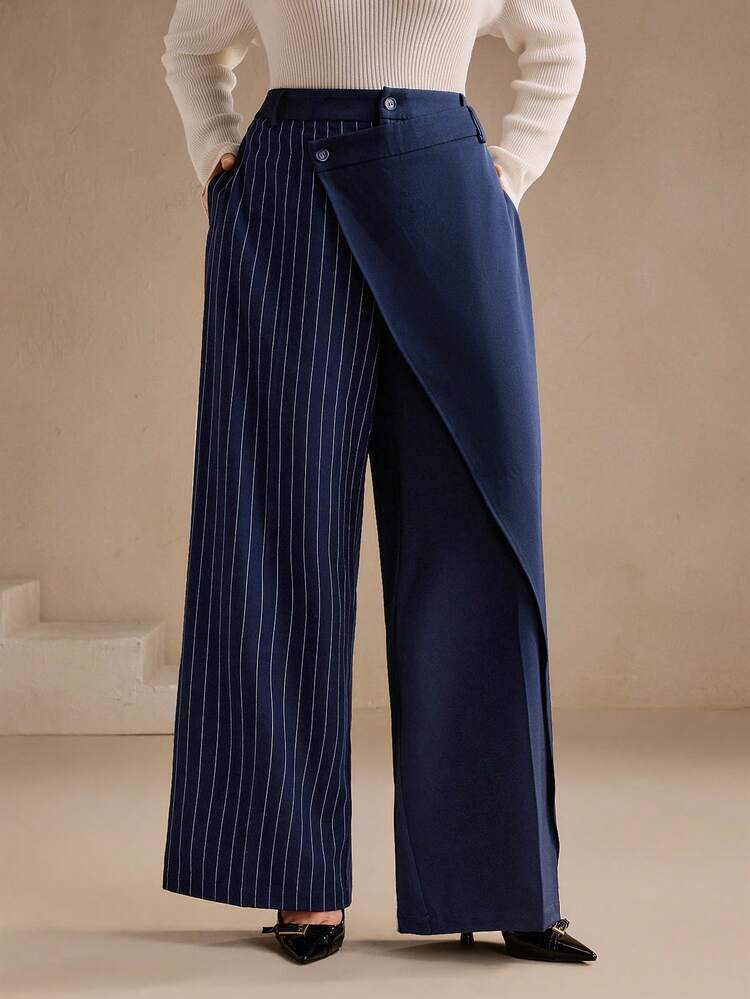 プラスサイズ女性用アーバンシックストライプカラーブロック非対称ヘムデザインカジュアルパンツ