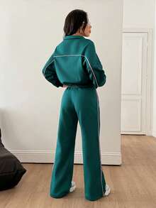 Coolane Women 2pcs Set Zip Front Long Sleeve Hoodie And Drawstring Waist Pants Casual Suit - Green - View 2
