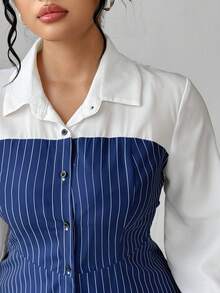 Elenzga 2 件商务休闲优雅女装：单排扣条纹衬衫 + 裤子，适合秋季办公室通勤 - 藍色 - 查看 3