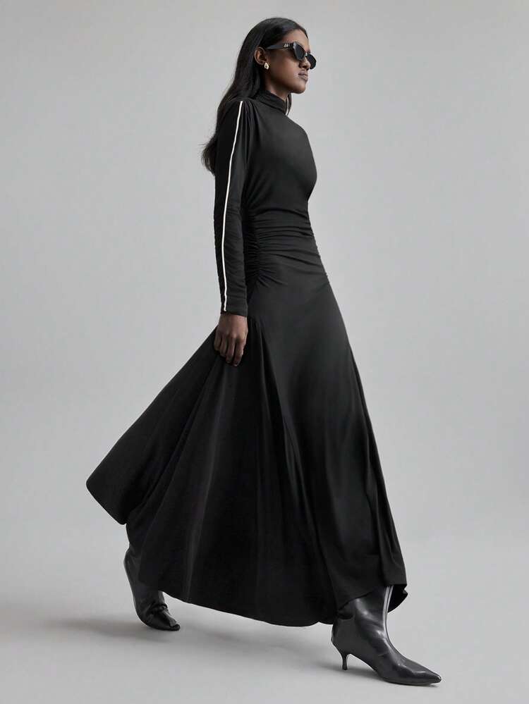 Autumn Chic Black And White Color Block Elegant Knit Dress,Night Out High Neck Long Sleeve Urban Graceful Workwear For Women Wedding Party Concert