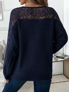 Reflora Women's Lace Trim Patchwork Pullover Sweater/Winter Fall - Navy Blue - View 2