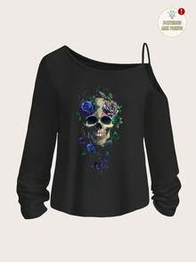 SHEIN LUNE Casual Minimalist Halloween Punk Street Style Skull & Rose Combination Graphic Print Dropped Shoulder Long Sleeve T-Shirt For Women, Suitable For Autumn/Winter