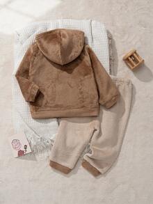 Cozy Pixies 2pcs Baby Boy Cartoon Bear Pattern Thermal Lined Crew Neck Long Sleeve Sweatshirt And Elastic Waist Pants Set