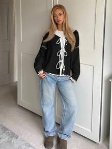 CovetEZ Women's Contrast Trim Lace-Up Drop Shoulder Long Sleeve Casual Knit Top Women Sweaters Cute Sweater Women Sweater Black Sweater Bow Sweater - Black and White - View 3