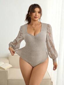 Lounesse 大码休闲优雅蕾丝拼接袖甜心领罗纹磨毛连体衣