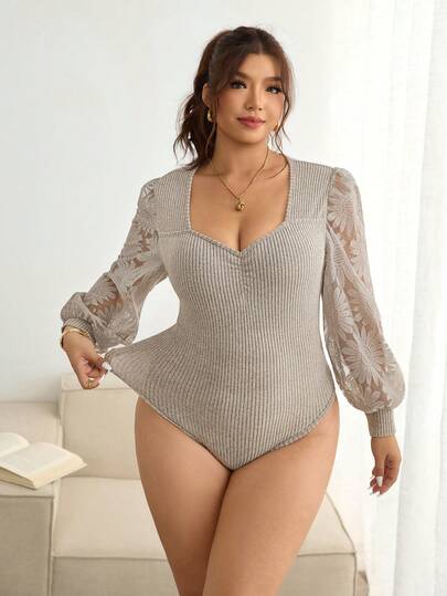 Lounesse Plus Size Casual Elegant Lace Patchwork Sleeve Sweetheart Neck Ribbed Brushed Bodysuit