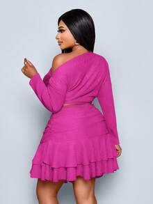 SOLERSUN Blusa de manga larga y falda plisada de dos piezas para mujer talla grande, de unicolor, elegante para fiestas y uso diario. Cuello asimétrico de punto, dobladillo con doble volante. Adecuado para ir al trabajo, fiestas versátiles, festivales de música y otras ocasiones. Ropa de otoño para mujer.