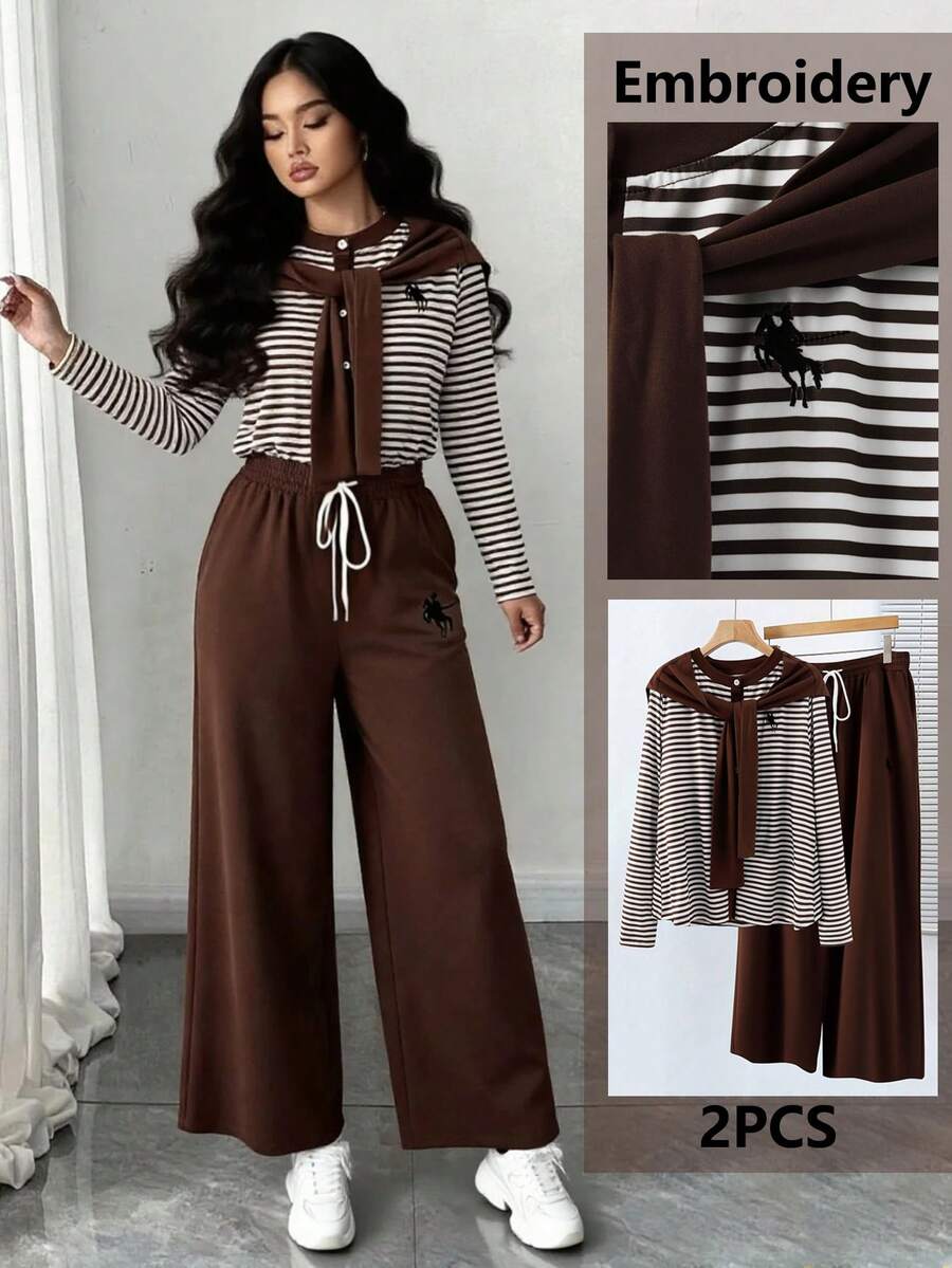 Elenzga Women's Striped Patchwork Solid Color Embroidered Decor Long Sleeve Casual Suit - Multicolor - View 1