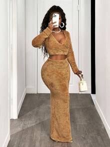 BamGleam Women Plush Cropped Top And Extra Long Skirt 2 Pieces Set,Winter Clothes For Women , - Khaki - View 3