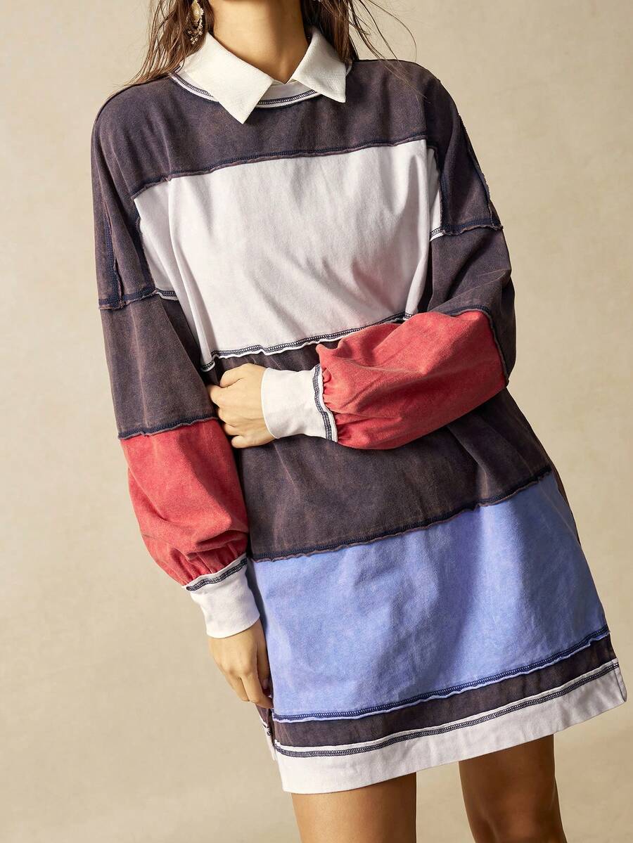 Bohemela Casual Knit Patchwork Round Neck Loose Fit Women Sweatshirt