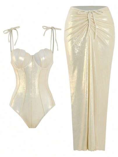 Swim Oasis 2pcs/Set New Arrival Premium Glossy Material Shell Decor Push-Up Gathering Underwire One-Piece Swimsuit For Women, Summer Mermaid