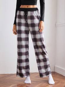 女士格子宽松休闲双腰裤，家居服下装，冬季 - 彩色 - 查看 3