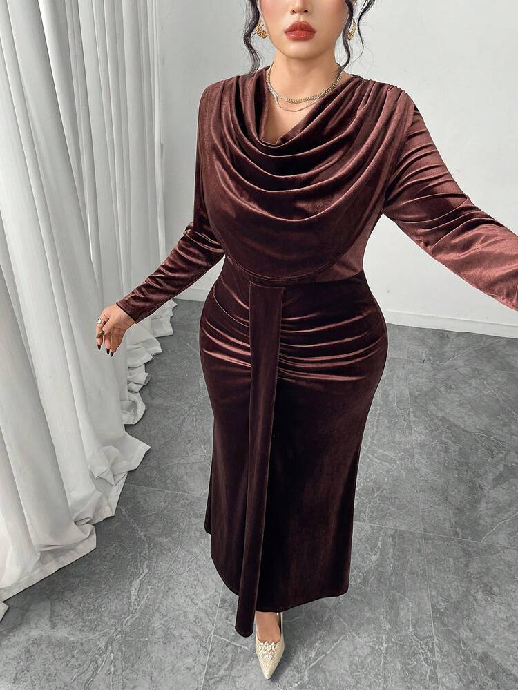 Modelyn Elegant Velvet Draped Neck Long Sleeve Fitted Regular Plus Size Dress, Spring/Autumn - Brown - View 7