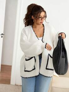 SHEIN Frenchy Plus Size Casual Contrast Trim Tie Front Cardigan Sweater/Winter - Black and White - View 5