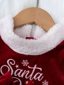 Cozy Pixies Baby Girl Christmas Snowflake & Letter Print Patchwork Fluffy Decor Round Neck Long Sleeve Waist Cinched Dress - Red - View 5