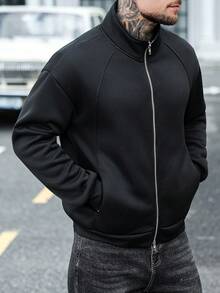 Manfinity CasualCool Men's Casual Everyday Wear, Outdoor, Patchwork Design, Stand Collar Double Zipper Sweatshirt , Best Gift For Boyfriend/Husband,Daily Leisure, Weekend Trips, Outdoor Activities, Travel Expeditions, Relaxed Work Environments Or Semi-Formal Occasions Christmas, Long Sleeve Top - Black - View 7