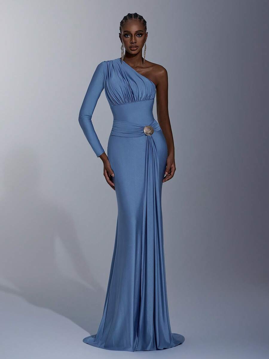 Elitara Elegant, Romantic, Fashionable, Slate Blue, Stretchy Knit Fabric, Asymmetric-Shoulder Long Sleeve, Metal Decor, Fishtail Hem, Trailing, Influencer, Holiday, Vacation, Birthday Party, Wedding Event, Bridesmaid Dress