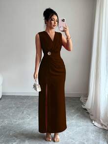 Rafferiza 女士礼服，开衩百褶修身鸡尾酒会礼服 - 棕色 - 查看 5