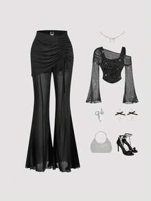 SHEIN MOD 女士优雅纯色透视哥特风黑色喇叭裤，适合秋冬季、感恩节、圣诞节、新年、派对等场合 - 黑色 - 查看 1